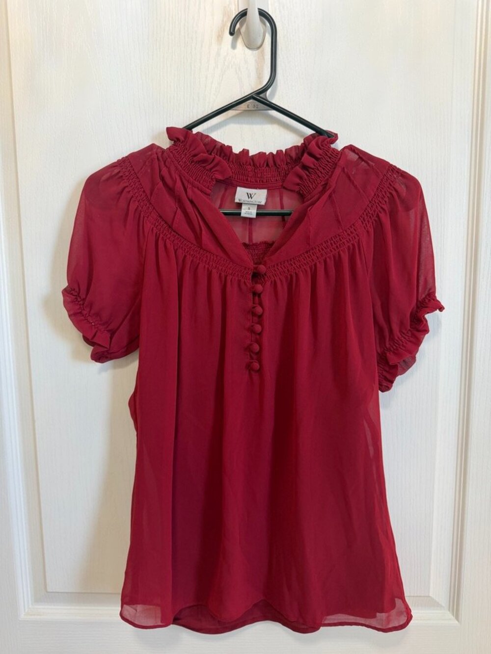 Worthington Red Smocked Short Sleeve Peasant Blouse - Size S